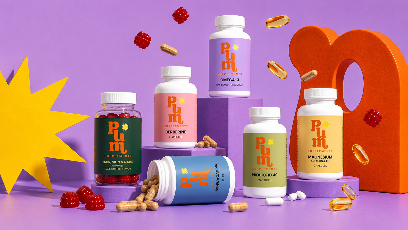 Plum Supplements bottles arranged on geometric pedestals
