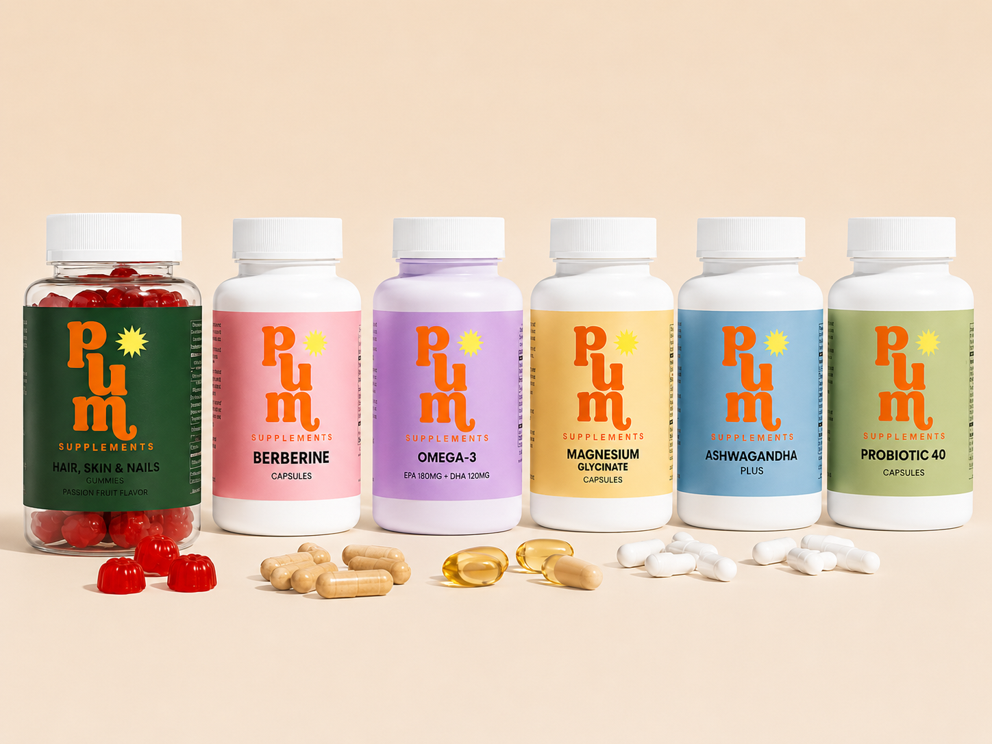 The six Plum Supplements bottles side by side